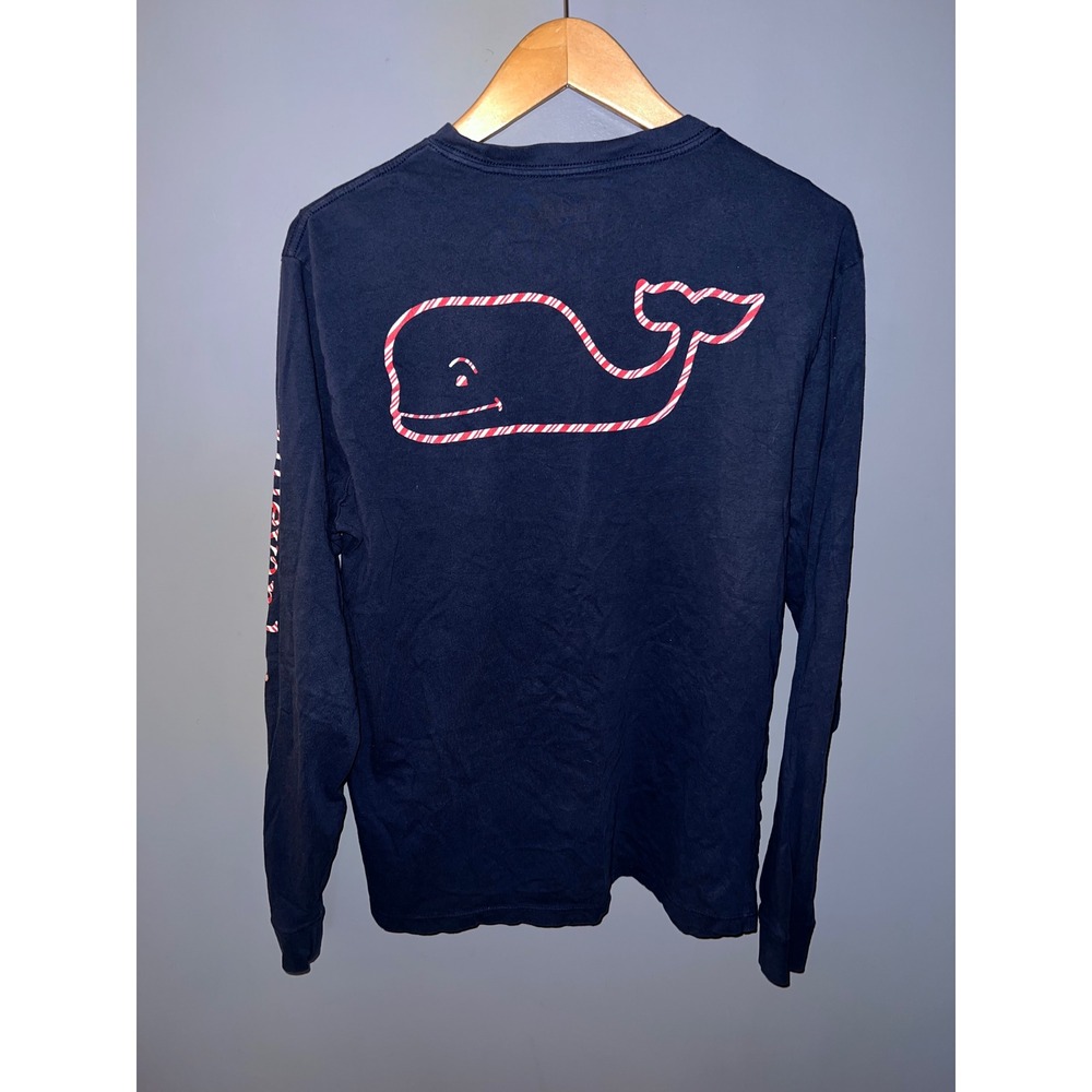 Vineyard Vines Medium Navy Candy Cane Stripe Whale Long Sleeve Pocket T-Shirt